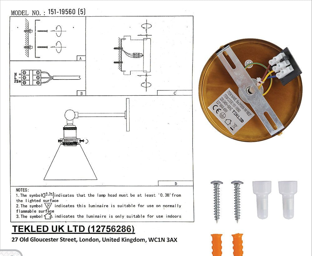 User manual and installation tools of Gold Aluminium Bronze Hinged Body Clear Glass Funnel Wall Light with E27 Fitting