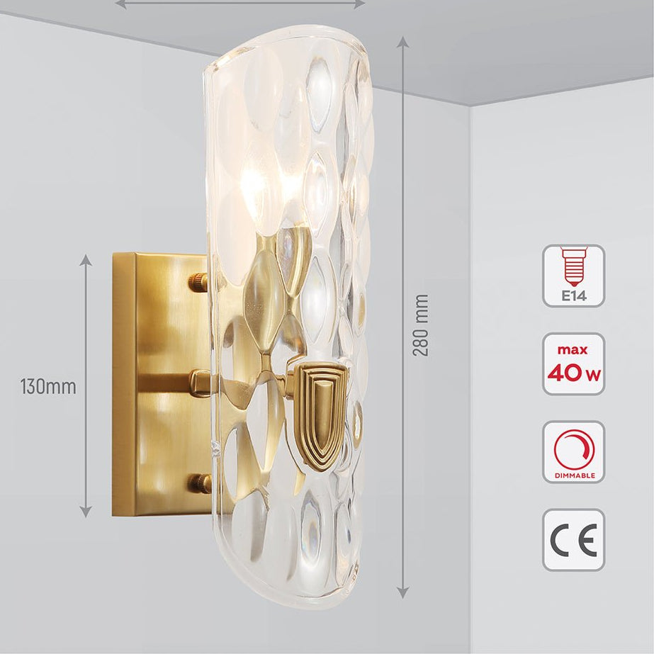 Tehcnical specifications and dimensions of Gold Aluminium Bronze Metal Clear Glass Wall Light with E14 Fitting