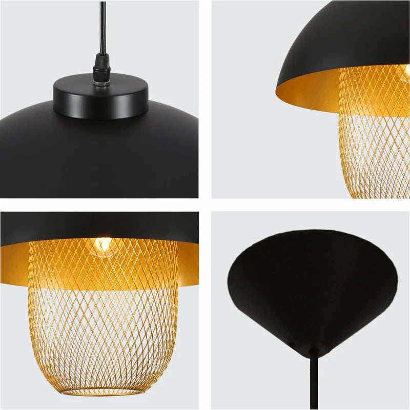 Gold 24 7 Caged Shade with Black Dome Top Pendat Ceiling Light with E27 Fitting