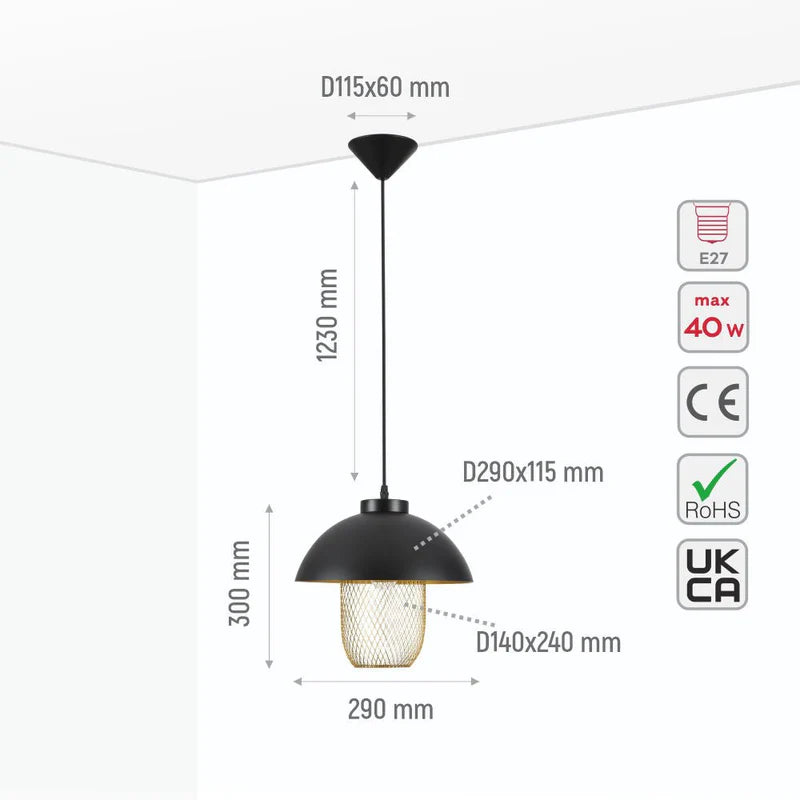 Gold 24 7 Caged Shade with Black Dome Top Pendat Ceiling Light with E27 Fitting