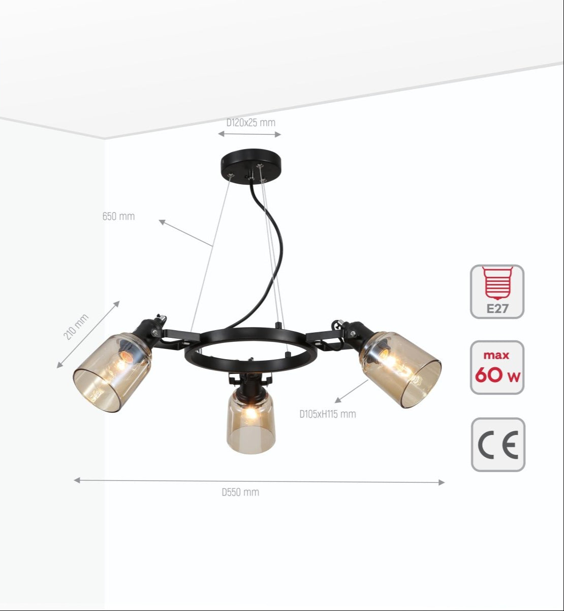 Product dimensions of amber cone glass black suspended ceiling light 3xe27