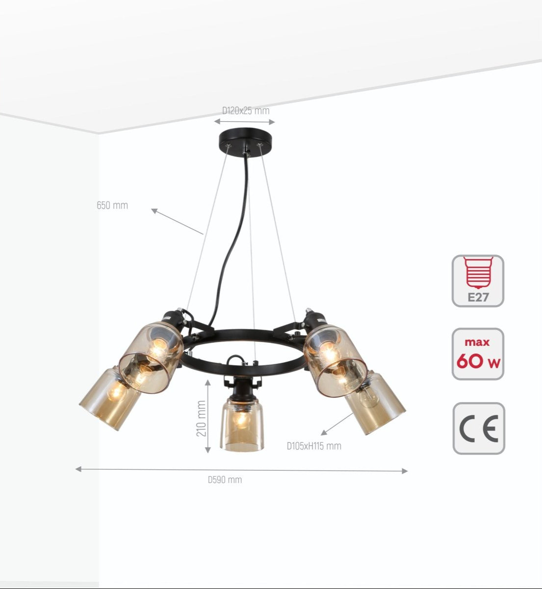 Product dimensions of amber cone glass black suspended ceiling light 5xe27