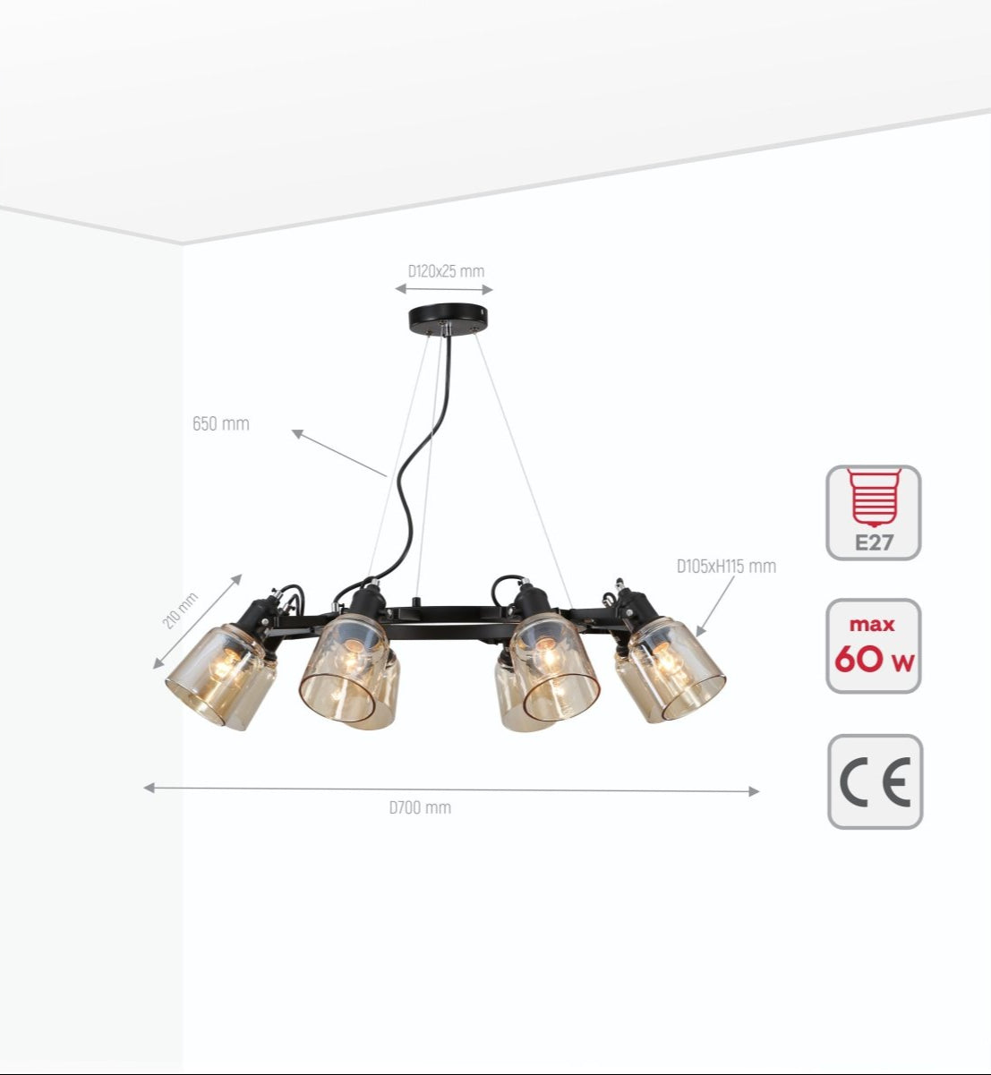 Product dimensions of amber cone glass black suspended ceiling light 8xe27