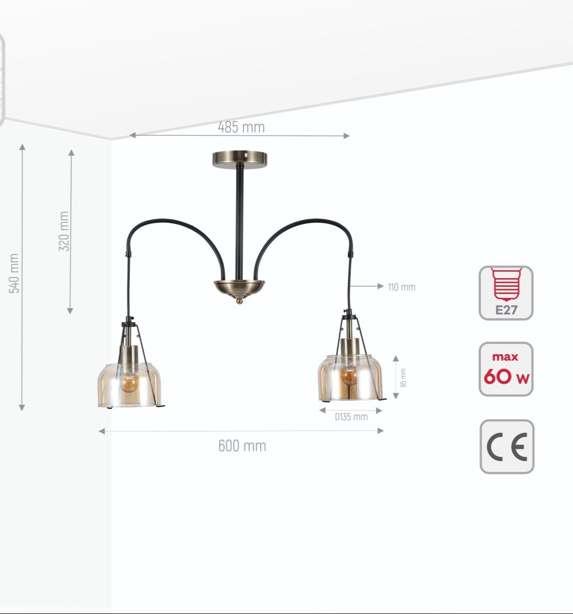 Product dimensions of amber glass black and antique brass suspended ceiling light 2xe27