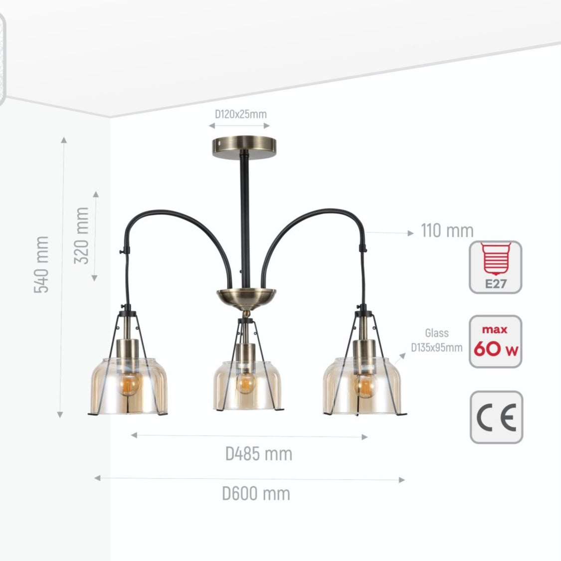 Product dimensions of amber glass black and antique brass suspended ceiling light 3xe27