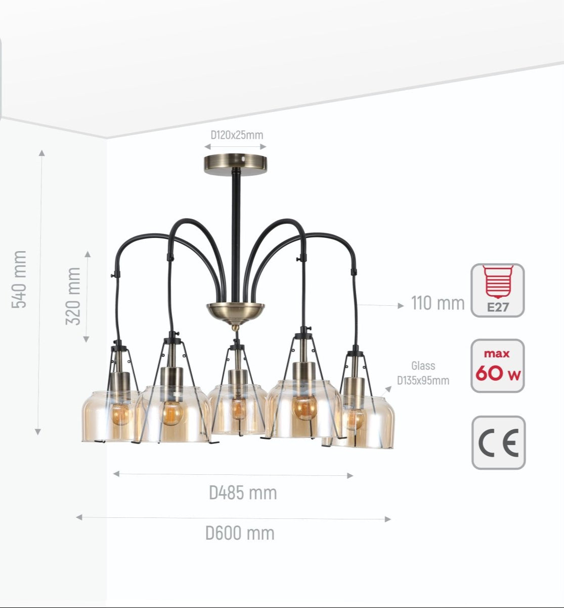 Product dimensions of amber glass black and antique brass suspended ceiling light 5xe27