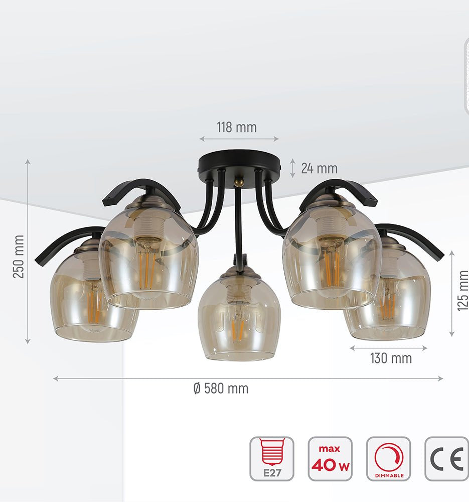 Product dimensions of amber glass black semi-flush ceiling light with 5xe27 fitting