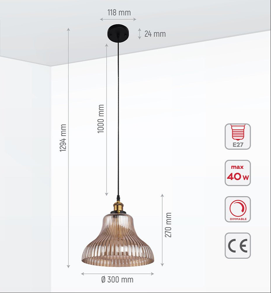 Product dimensions of amber glass cone striped pendant light with e27 fitting