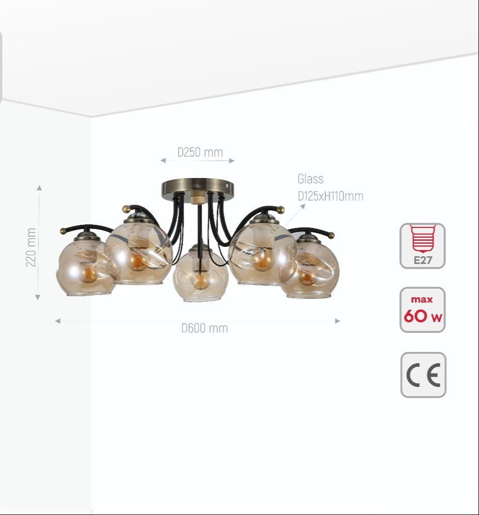 Product dimensions of amber glass dome black and antique brass metal semi flush ceiling light 5xe27