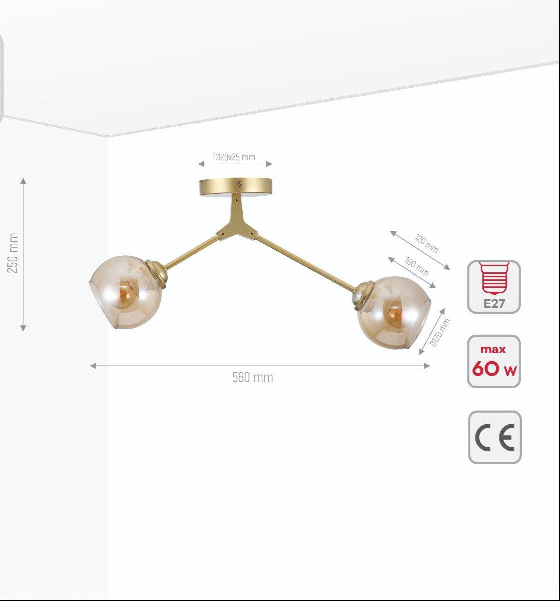 Product dimensions of amber glass dome gold aluminium bronze wishbone semi flush ceiling light 2xe27