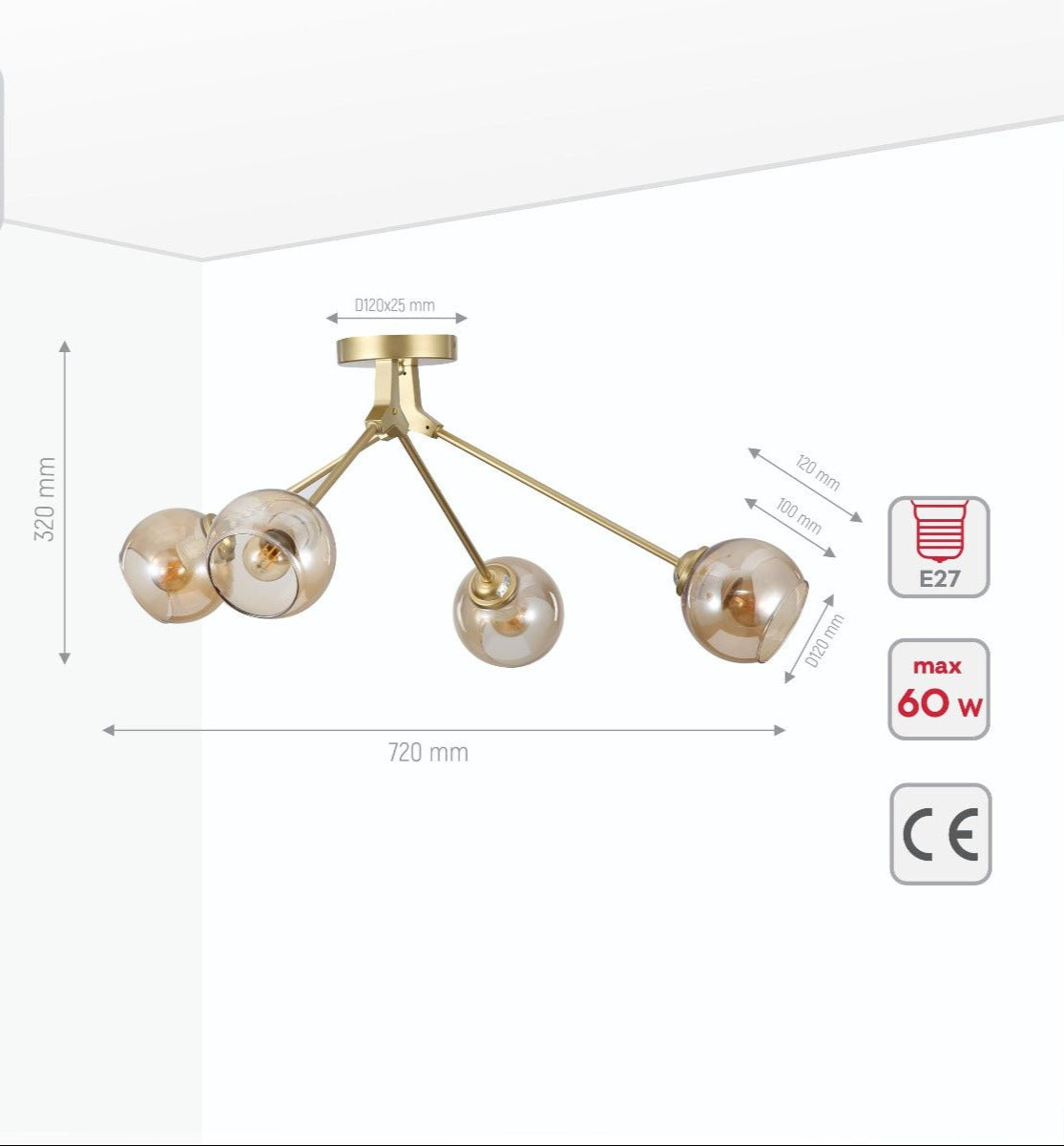 Product dimensions of amber glass dome gold aluminium bronze wishbone semi flush ceiling light 4xe27