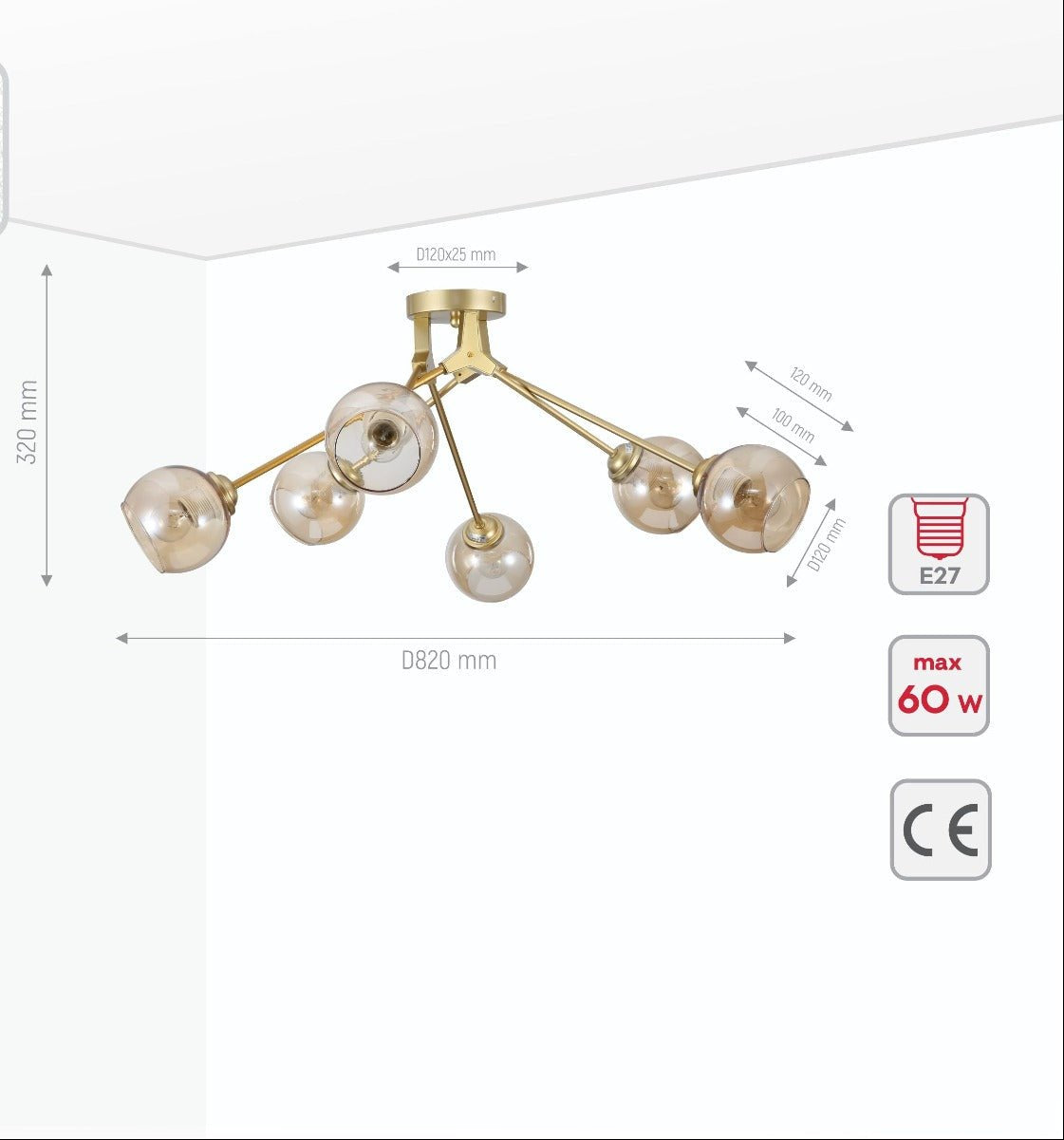 Product dimensions of amber glass dome gold aluminium bronze wishbone semi flush ceiling light 6xe27