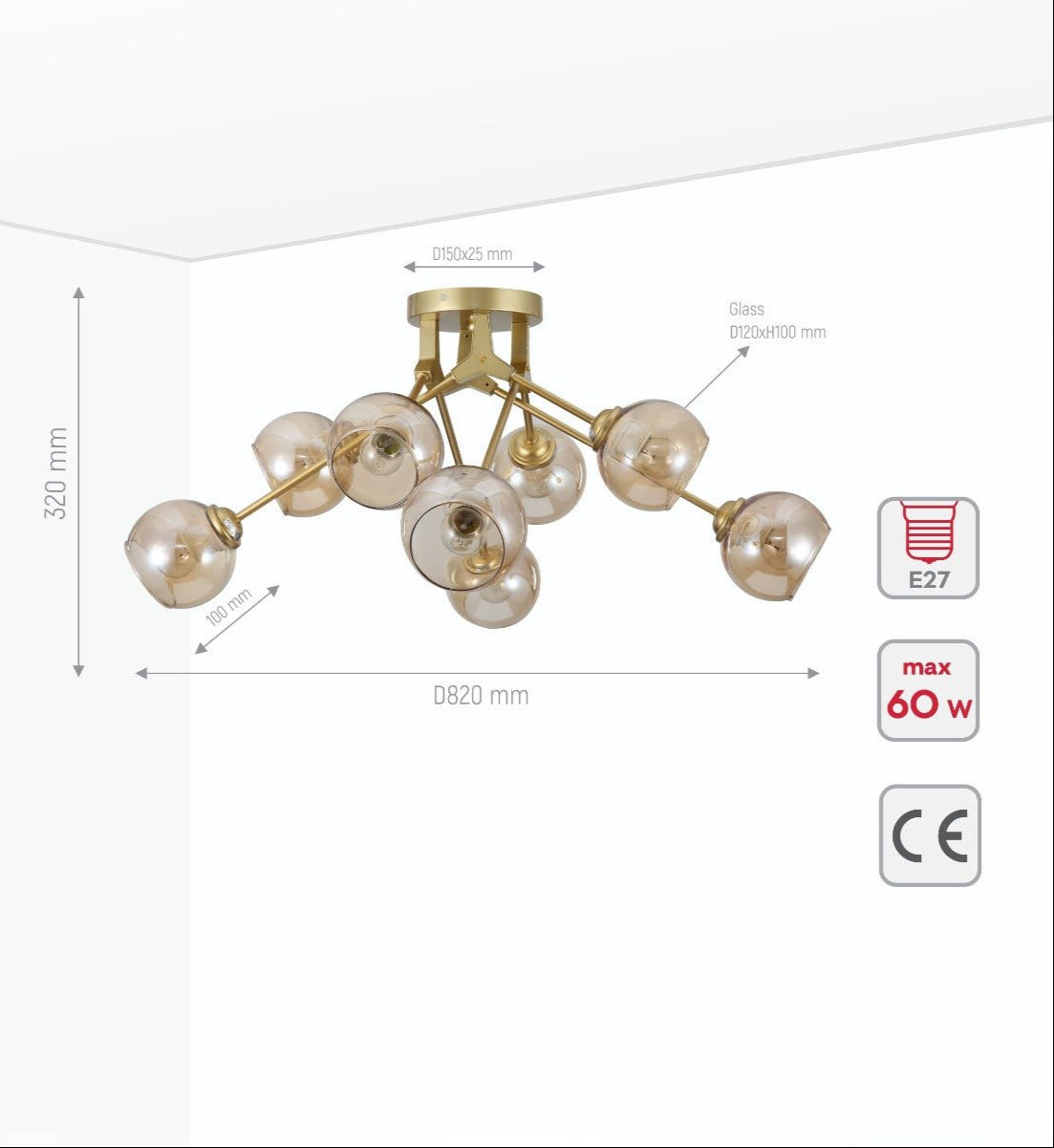 Product dimensions of amber glass dome gold aluminium bronze wishbone semi flush ceiling light 8xe27