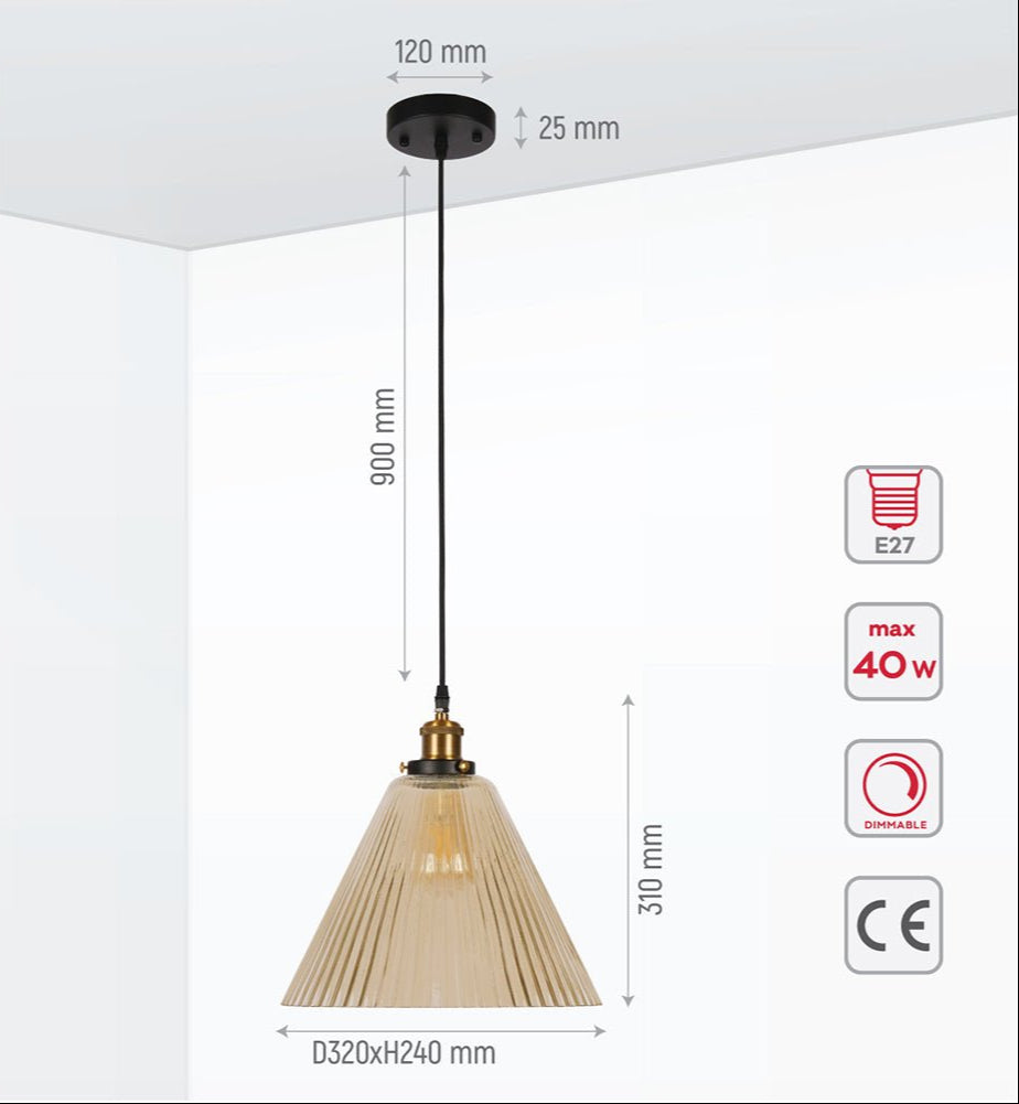 Product dimensions of amber glass funnel striped pendant light with e27 fitting