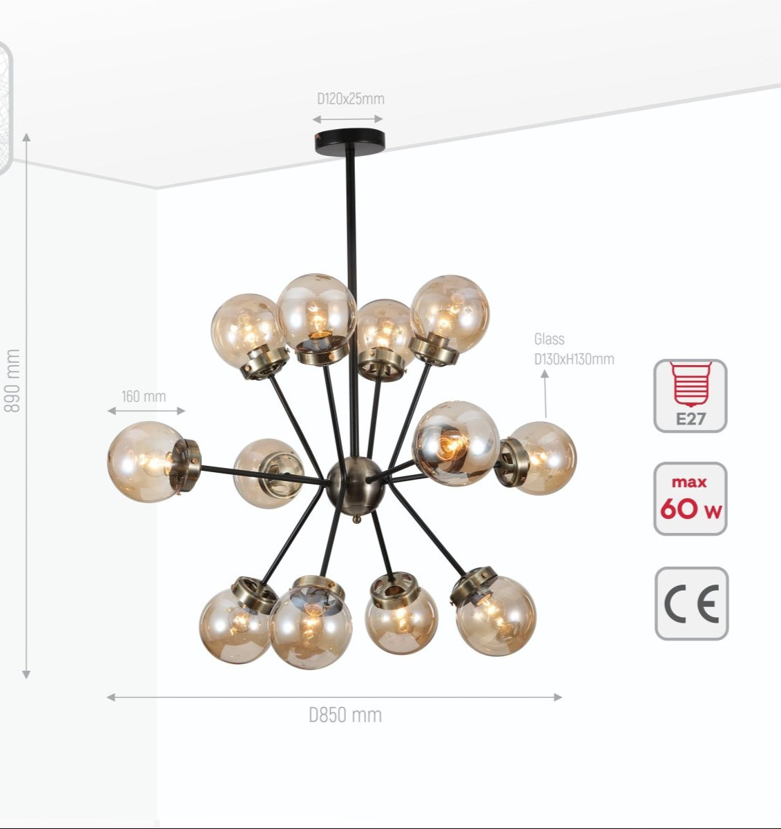 Product dimensions of amber glass globe black and antique brass semi flush ceiling light 12xe27