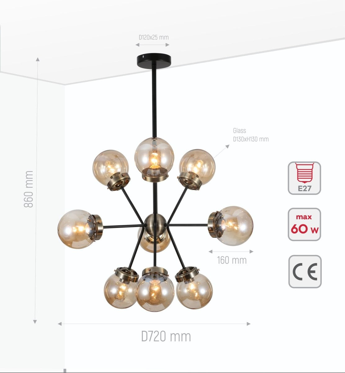 Product dimensions of amber glass globe black and antique brass semi flush ceiling light 9xe27