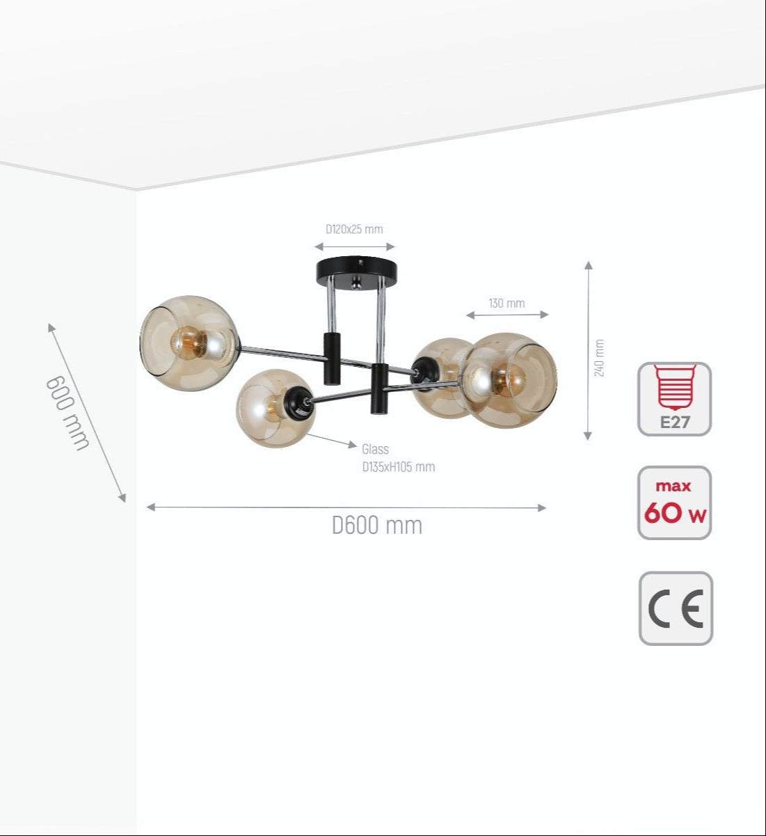 Product dimensions of amber glass globe chrome and black metal semi flush ceiling light 4xe27