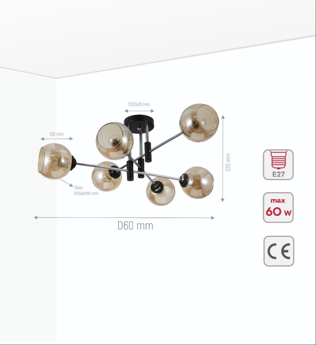 Product dimensions of amber glass globe chrome and black metal semi flush ceiling light 6xe27