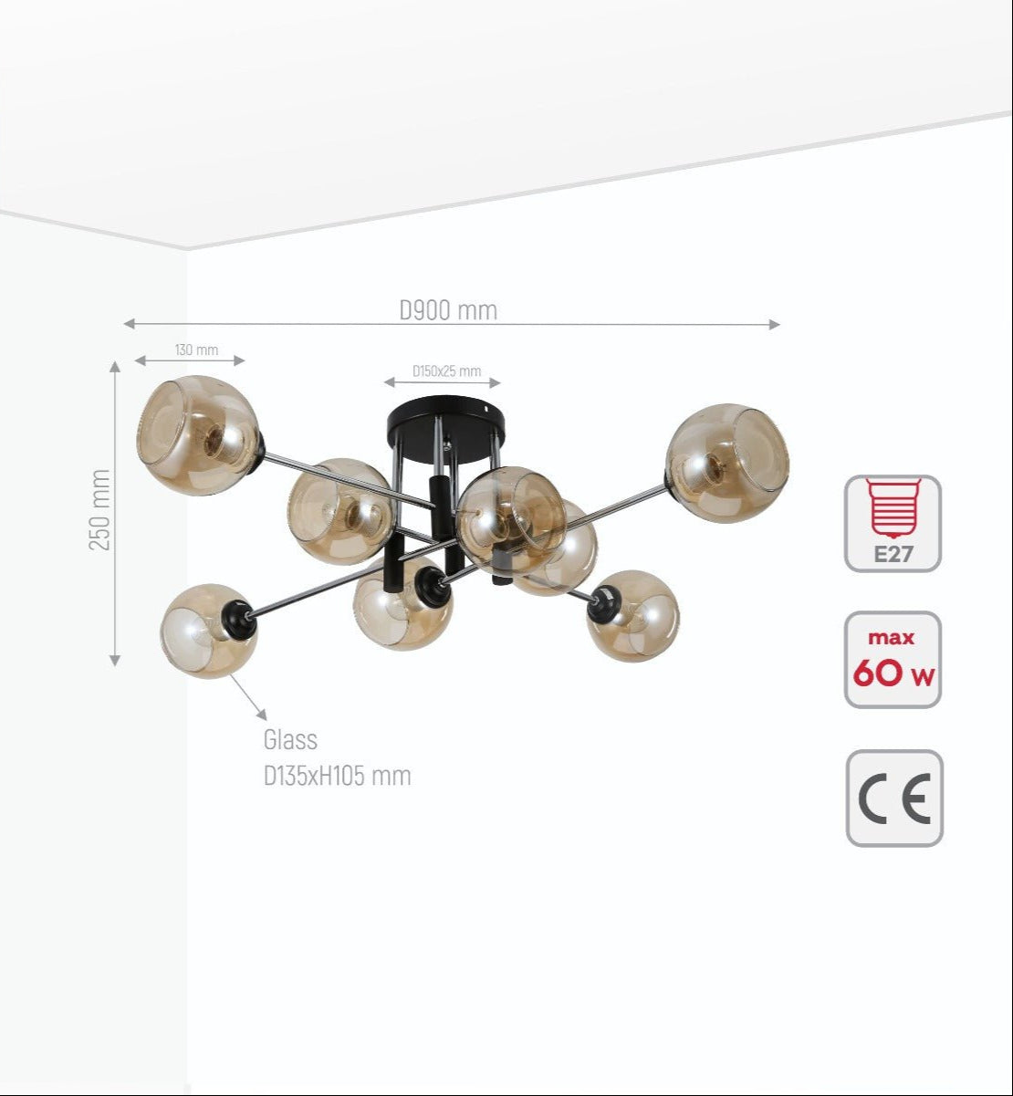 Product dimensions of amber glass globe chrome and black metal semi flush ceiling light 8xe27