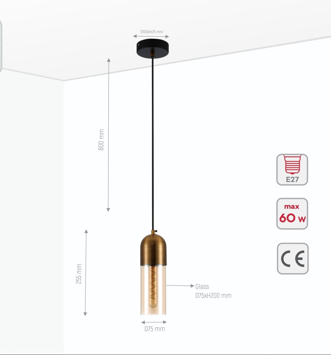 Product dimensions of amber glass gold aluminium bronze plated top cylinder pendant light e27