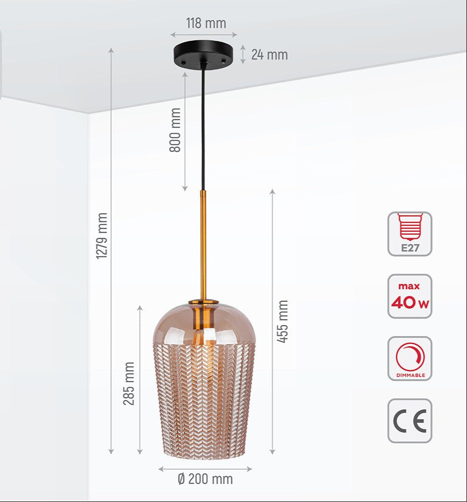 Product dimensions of amber glass schoolhouse pendant light with e27 fitting