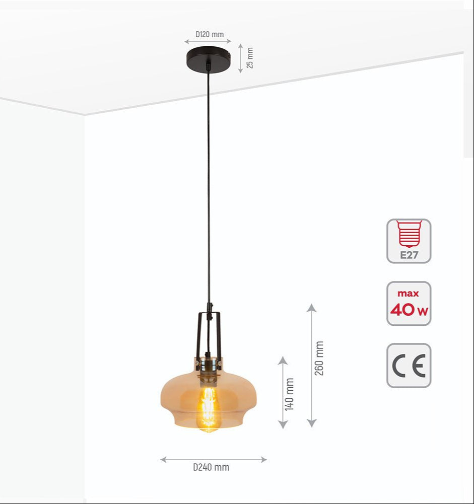 Product dimensions of amber glass step dome pendant light e27