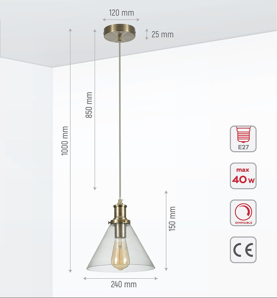 Product dimensions of antique brass metal clear glass funnel pendant light with e27 fitting