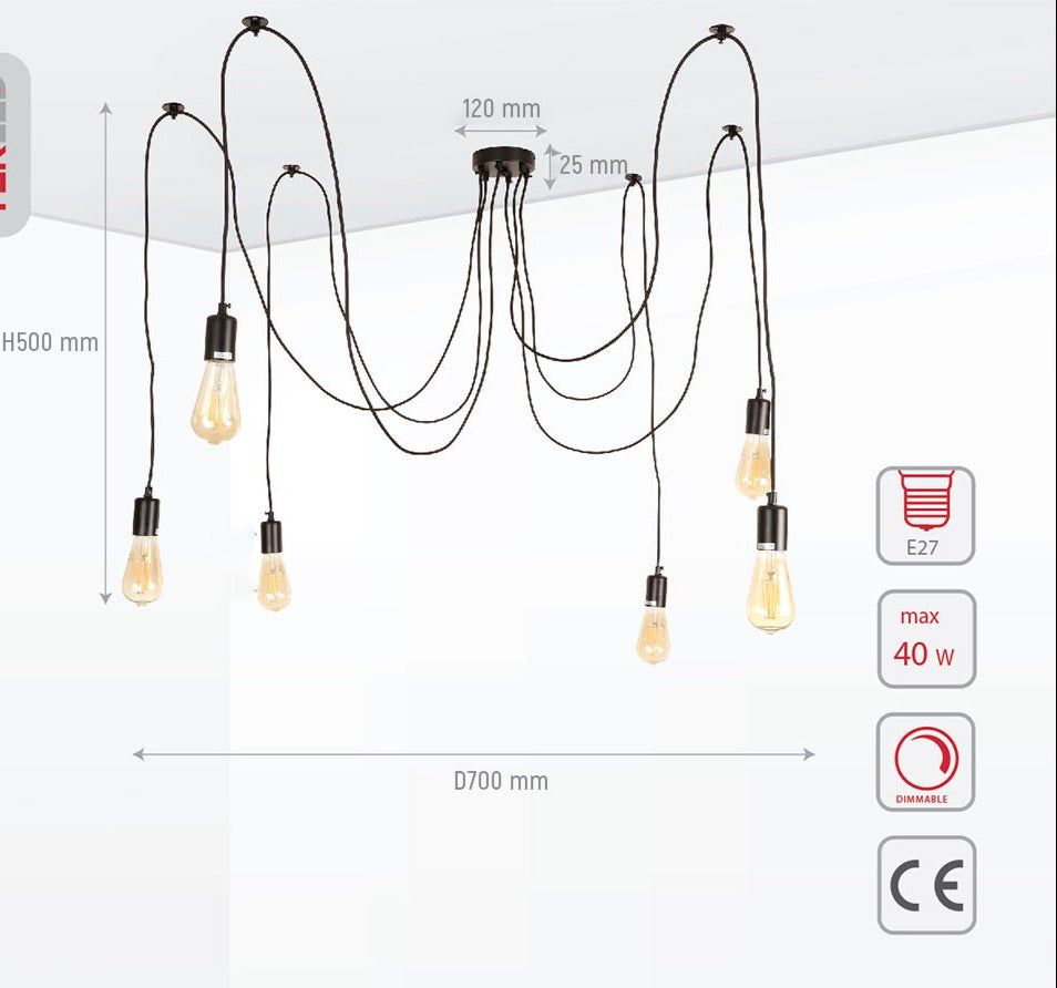 Product dimensions of black cord spider chandelier with 6xe27 fitting