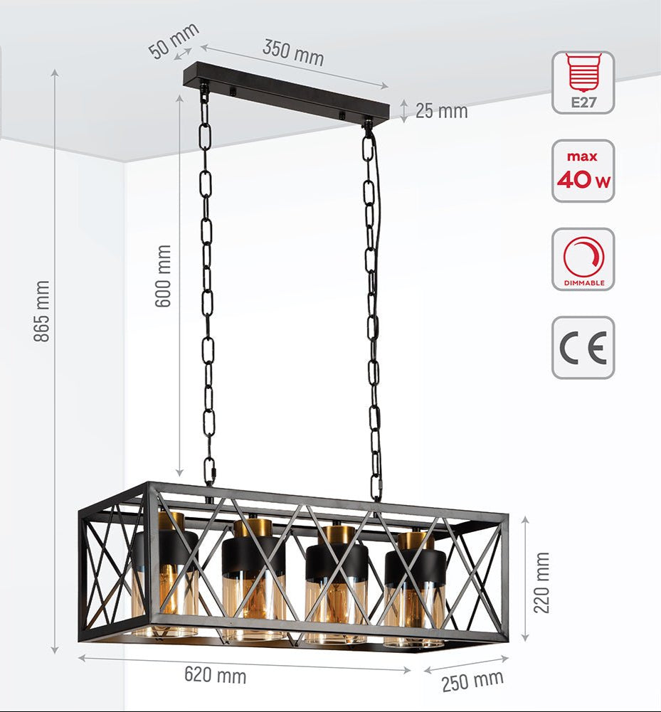 Product dimensions of black cuboid metal amber cylinder glass island chandelier with 4xe27 fitting