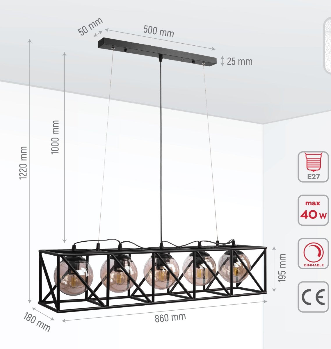 Product dimensions of black cuboid metal cylinder amber glass island chandelier with 5xe27 fitting