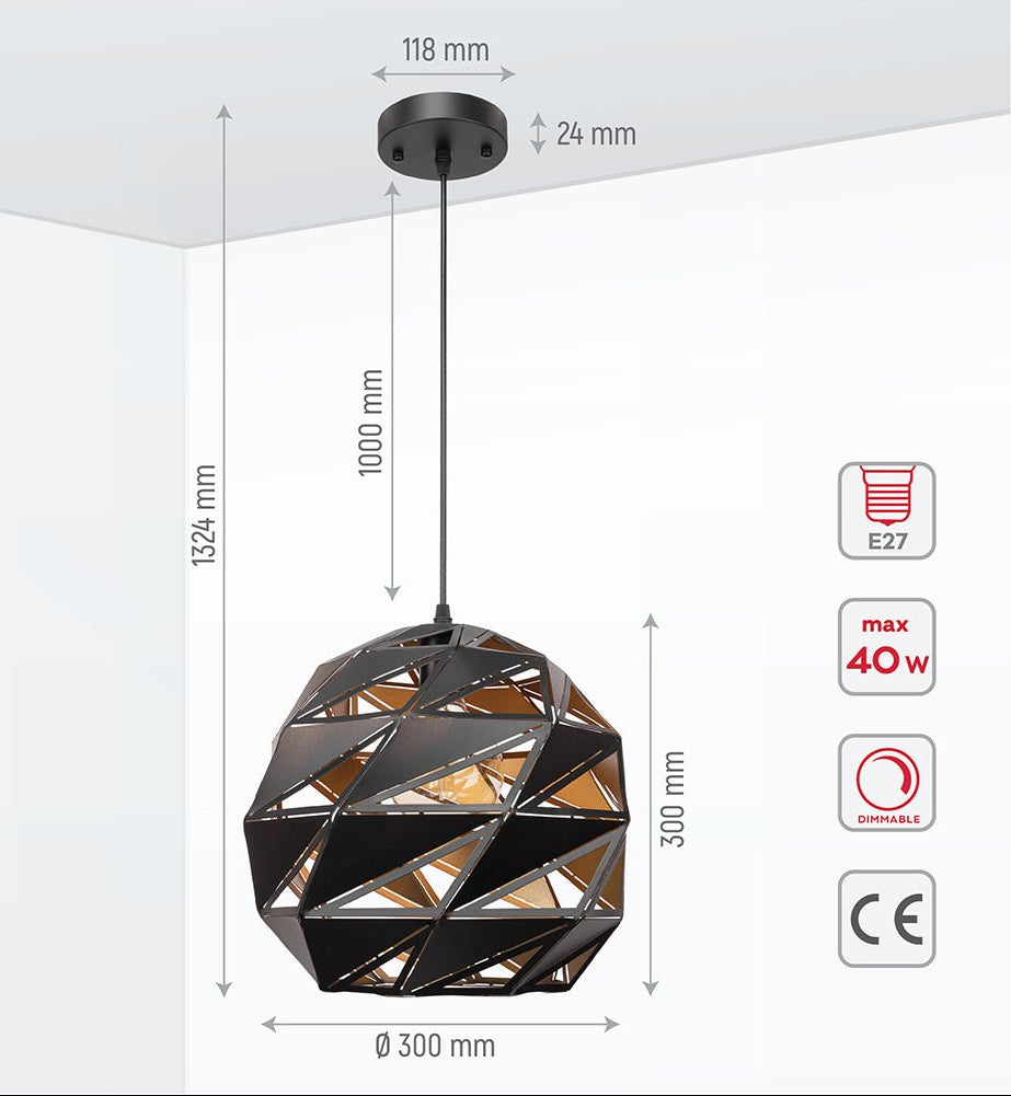 Product dimensions of black-golden metal polyhedral pendant light l with e27 fitting