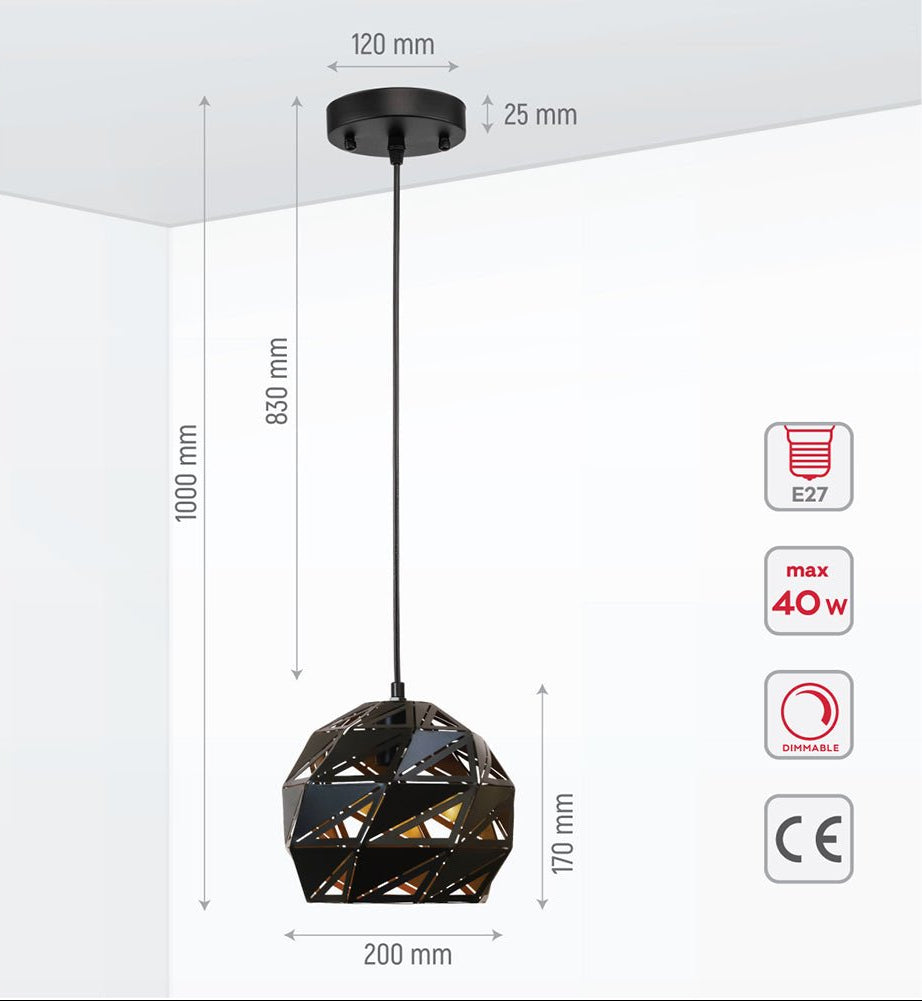 Product dimensions of black-golden metal polyhedral pendant light s with e27 fitting