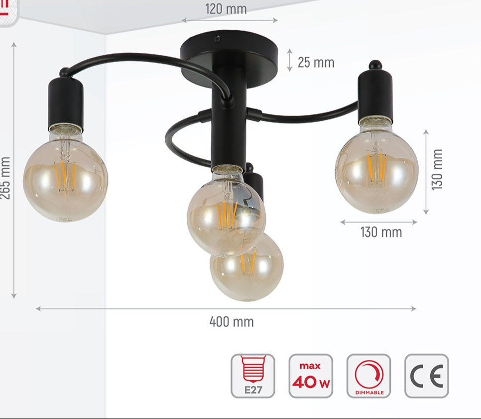 Product dimensions of black metal ceiling light with 4xe27 fitting