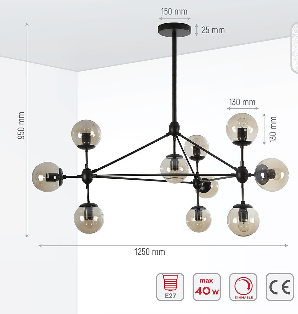 Product dimensions of black rod metal amber glass globe chandelier with 10xe27 fitting