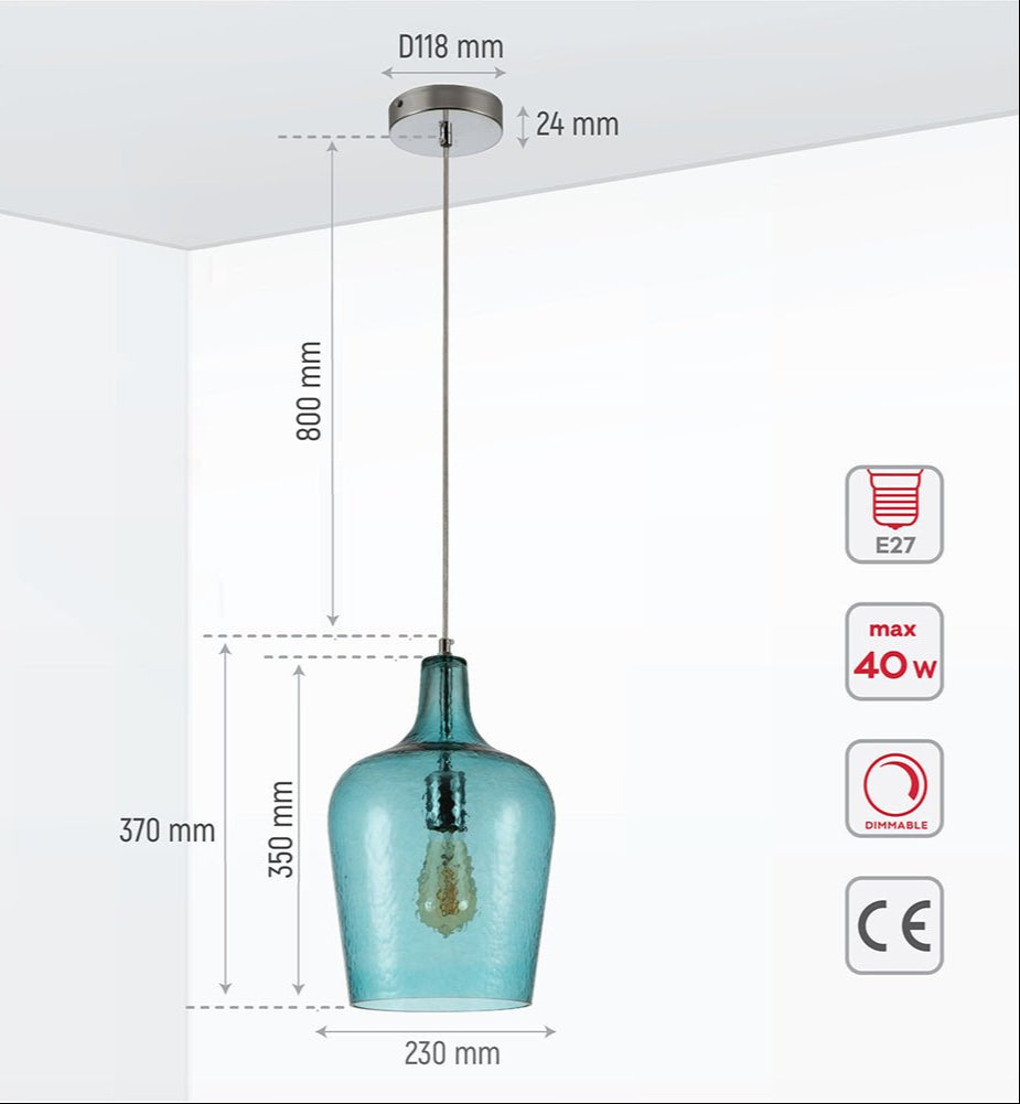 Product dimensions of blue frosted glass schoolhouse pendant light l with e27 fitting