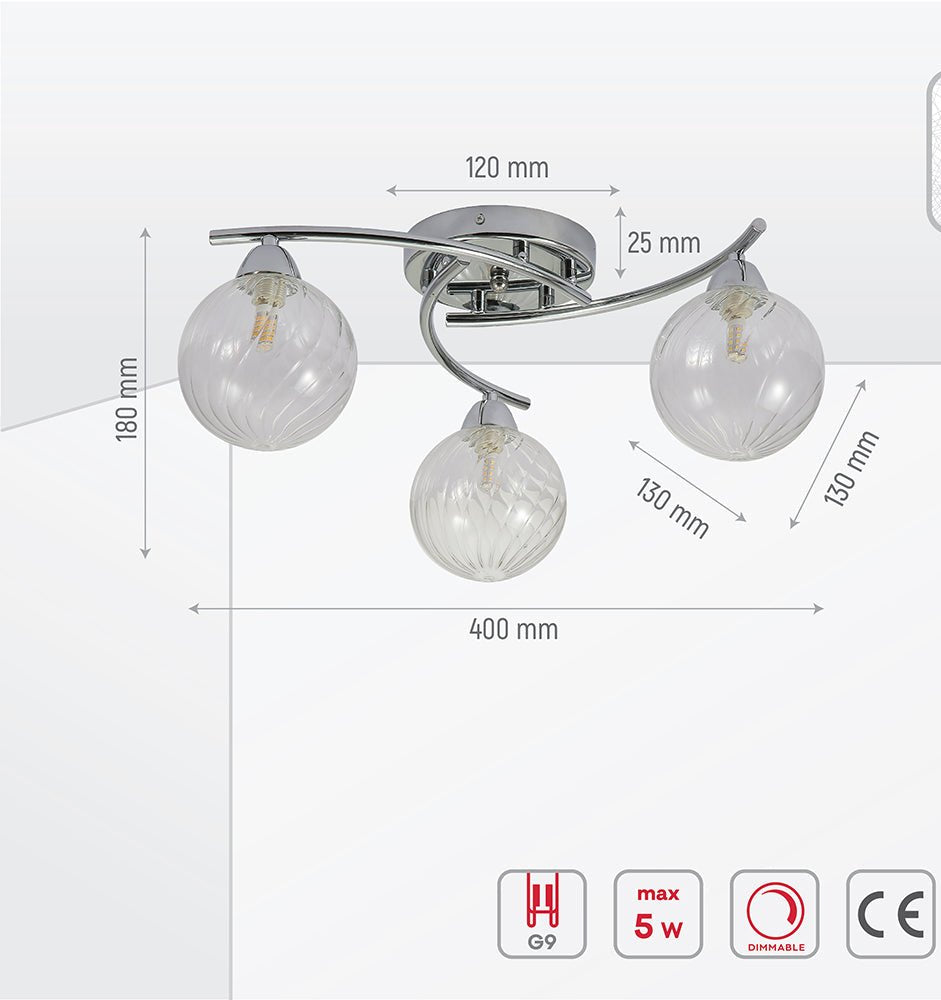 Product dimensions of chrome metal clear glass ceiling light with 3xg9 fitting