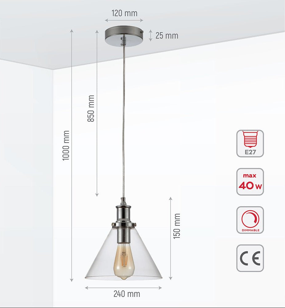 Product dimensions of chrome metal clear glass funnel pendant light with e27 fitting