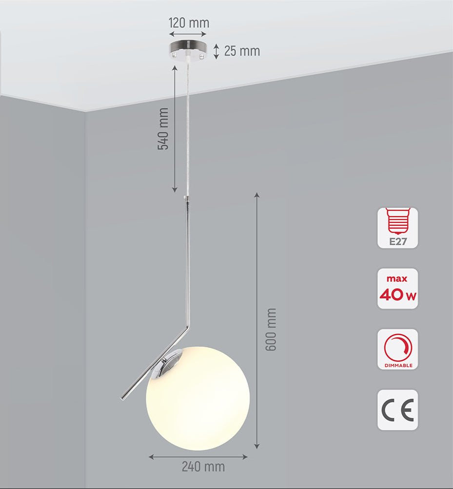 Product dimensions of chrome metal opal white glass globe pendant light m with e27 fitting