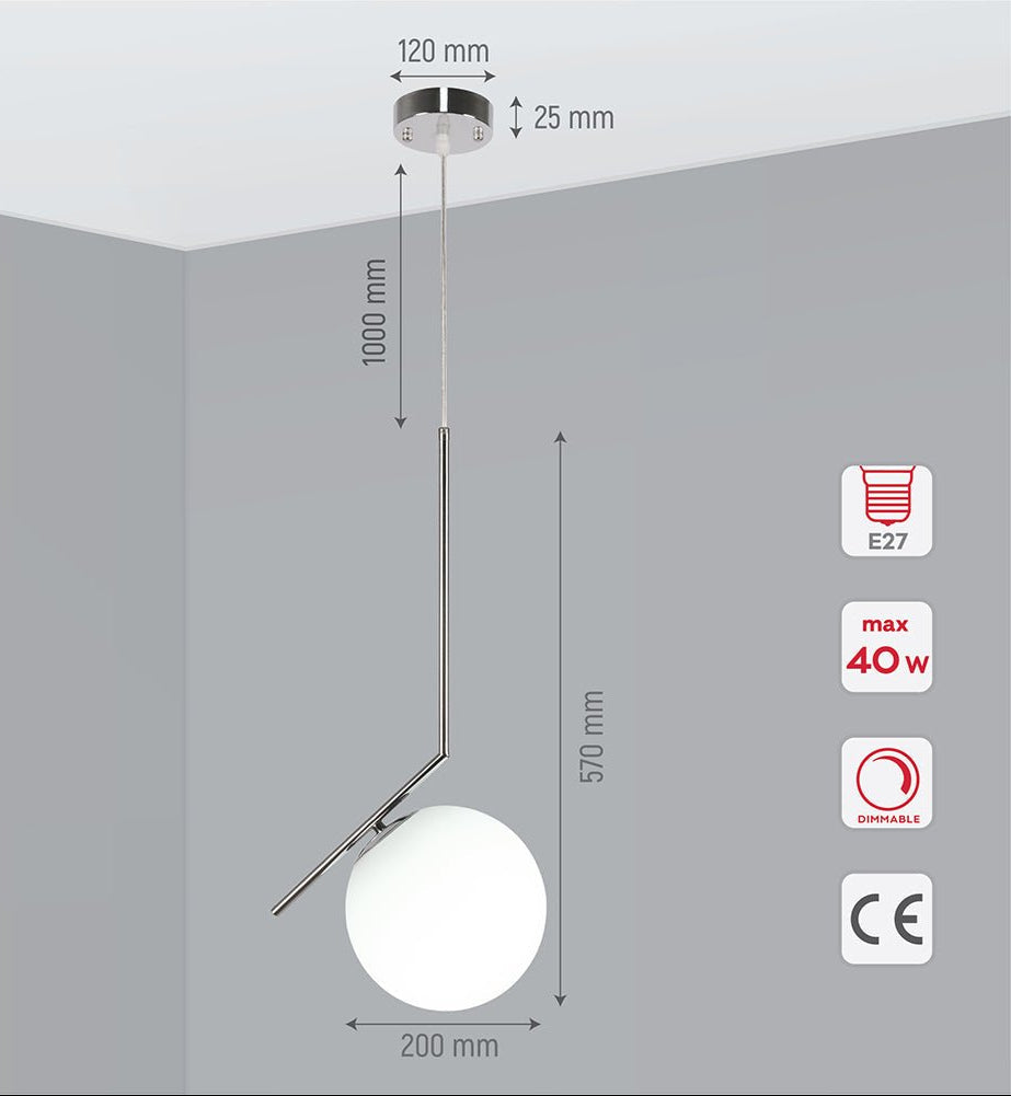 Product dimensions of chrome metal opal white glass globe pendant light s with e27 fitting