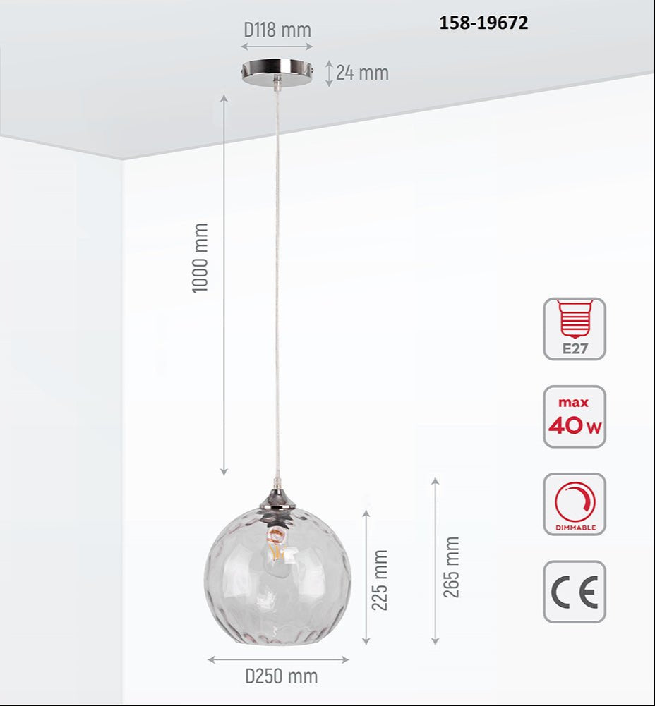 Product dimensions of clear glass globe pendant light with e27 fitting