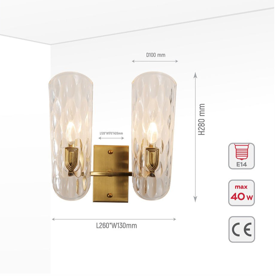 Product dimensions of gold aluminium bronze metal clear glass wall light 2xe14