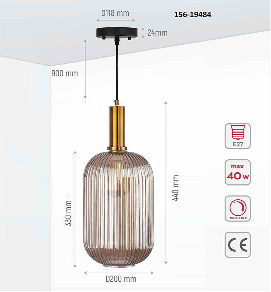 Product dimensions of golden bronze metal amber glass cylinder pendant light long with e27 fitting