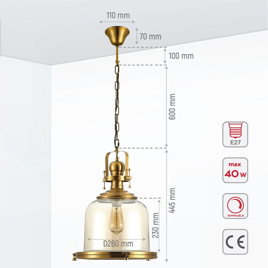 Product dimensions of golden bronze metal amber glass cylinder pendant light sealed with e27 fitting