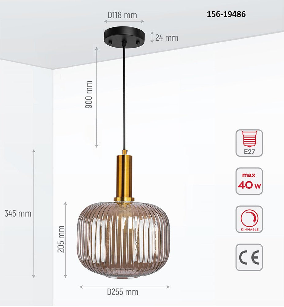 Product dimensions of golden bronze metal amber glass cylinder pendant light short with e27 fitting