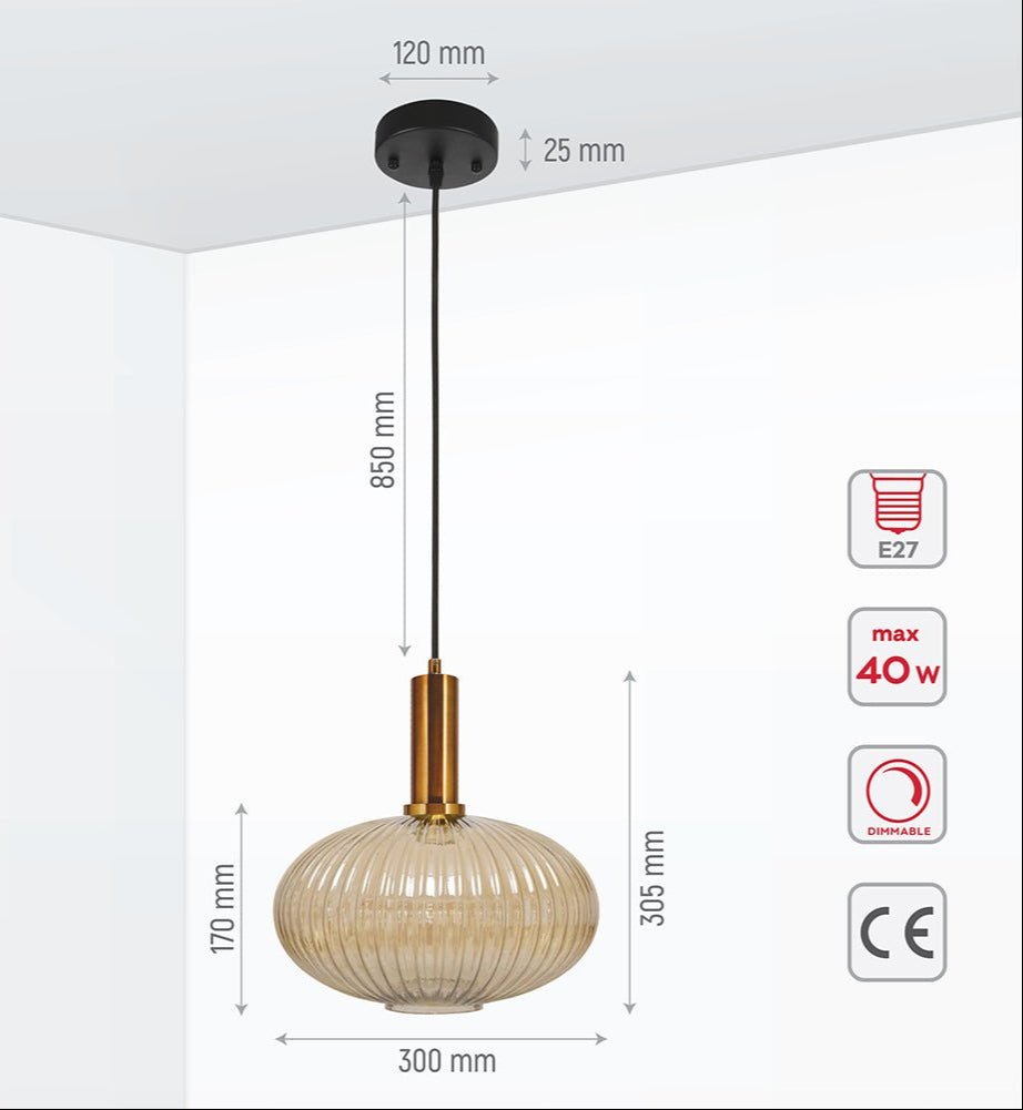 Product dimensions of golden bronze metal amber glass globe pendant light l with e27 fitting