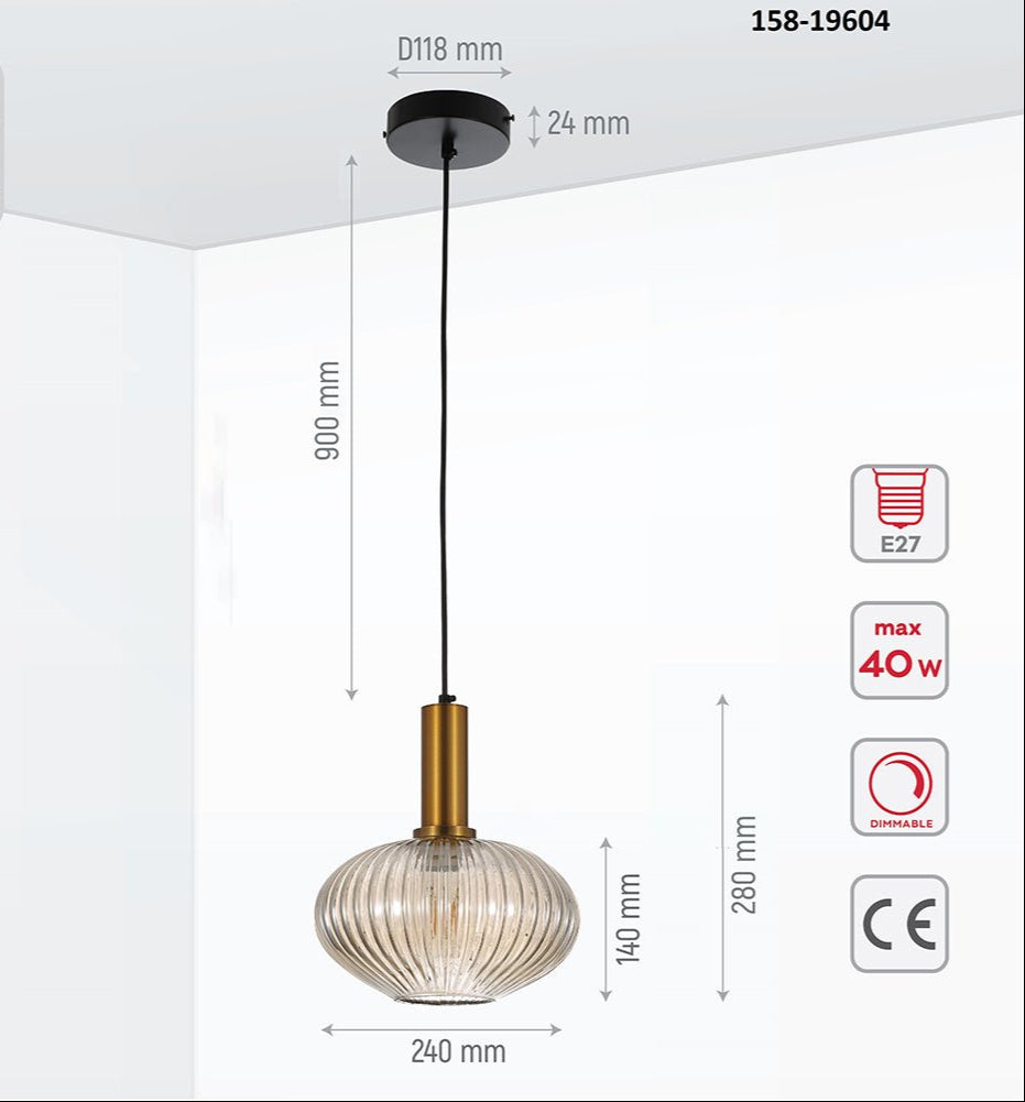 Product dimensions of golden bronze metal amber glass globe pendant light s with e27 fitting