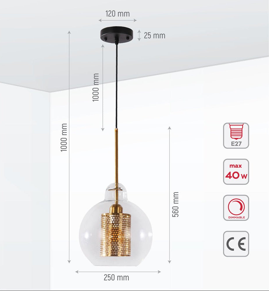 Product dimensions of golden metal clear glass globe pendant light with e27 fitting