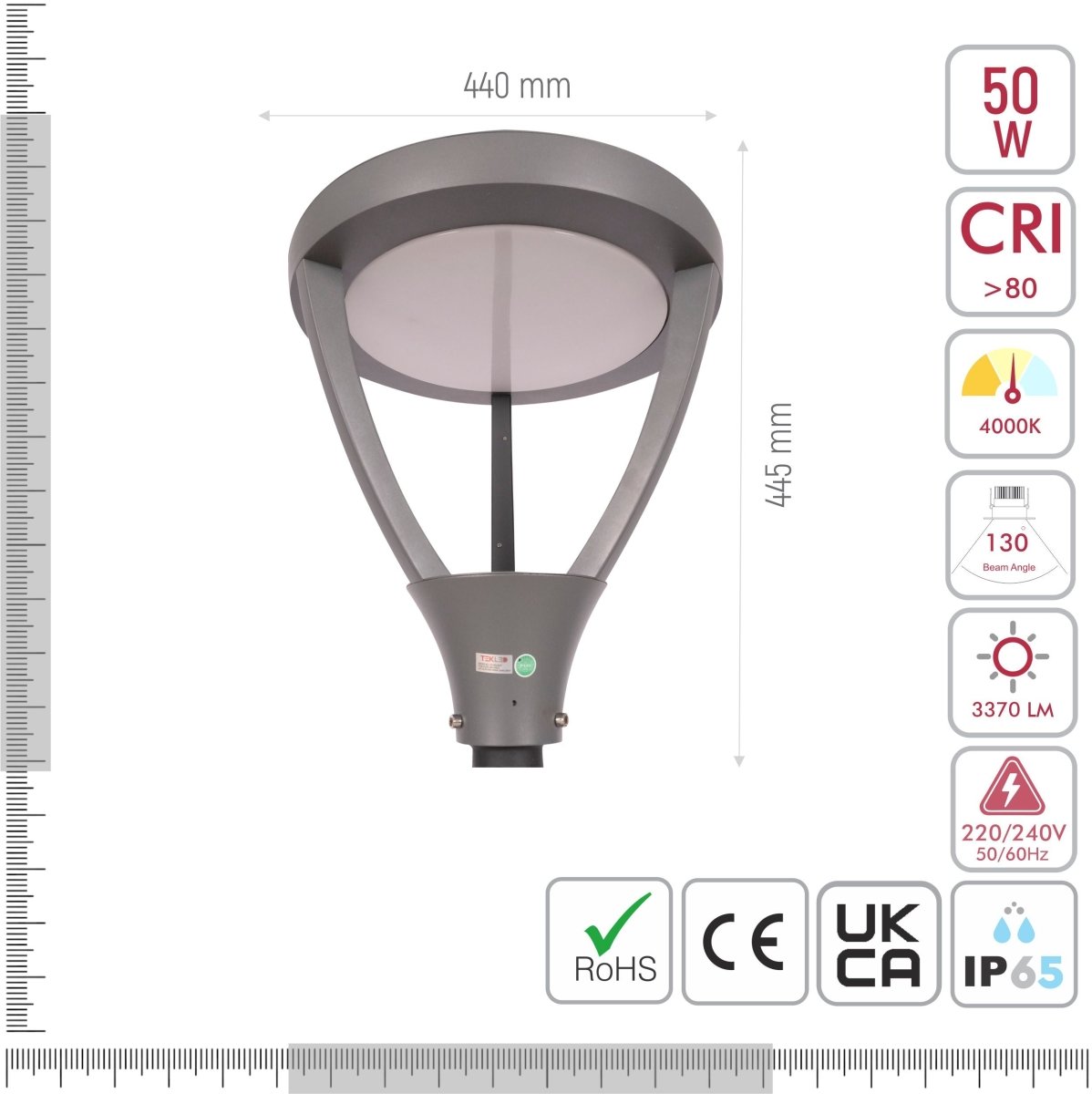 Product dimensions of led tripod lamp post top light 50w 4000k cool white ip65 dark grey