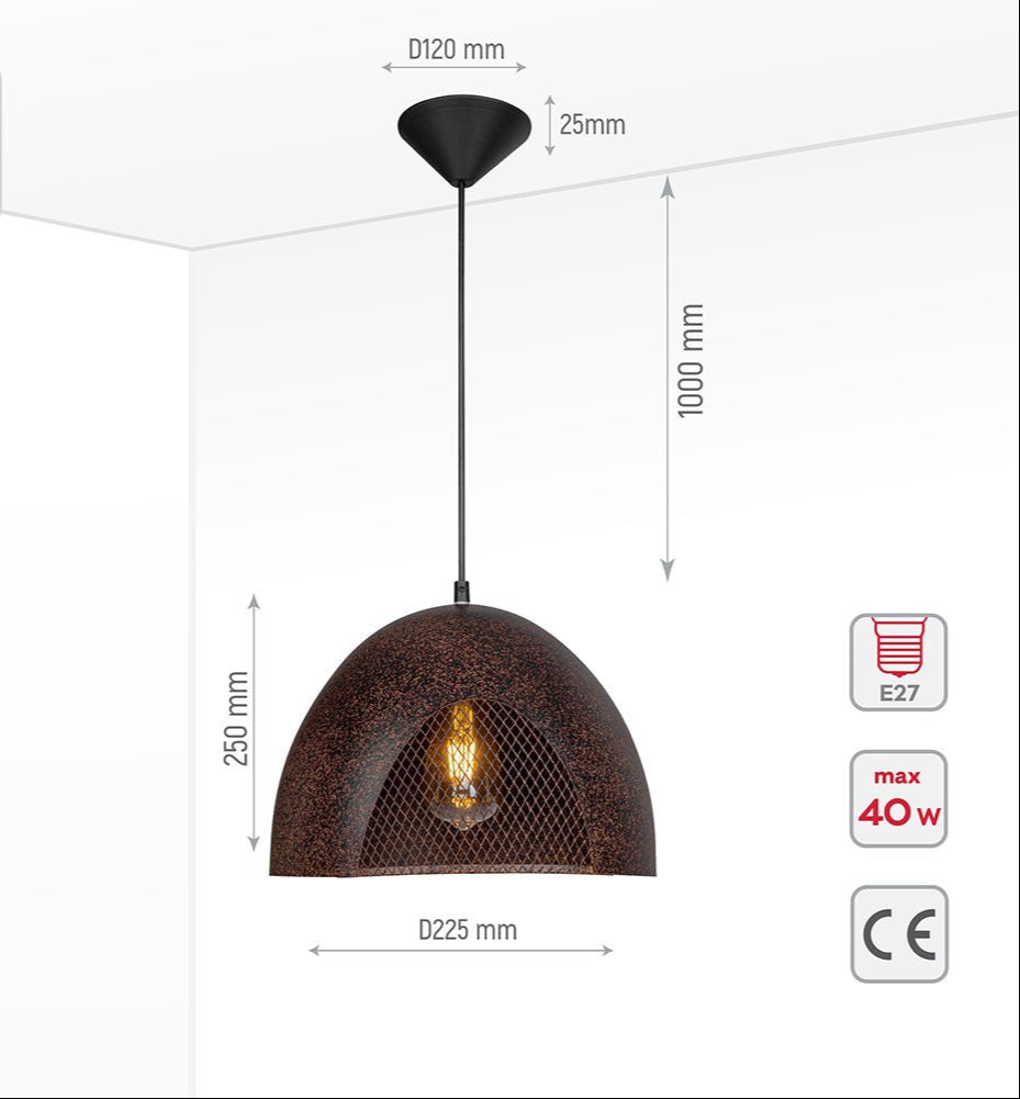 Product dimensions of rusty brown metal dome flat pendant light l with e27 fitting