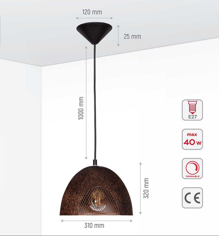 Product dimensions of rusty brown metal dome pendant light s with e27 fitting